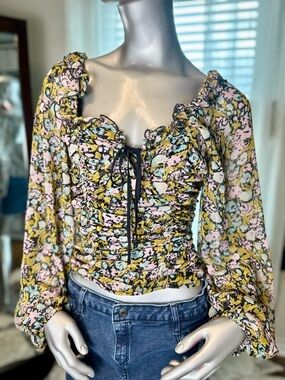 Free People Top Medium Ruched Floral Boho Peasant Tie Front Blouse Black Pink